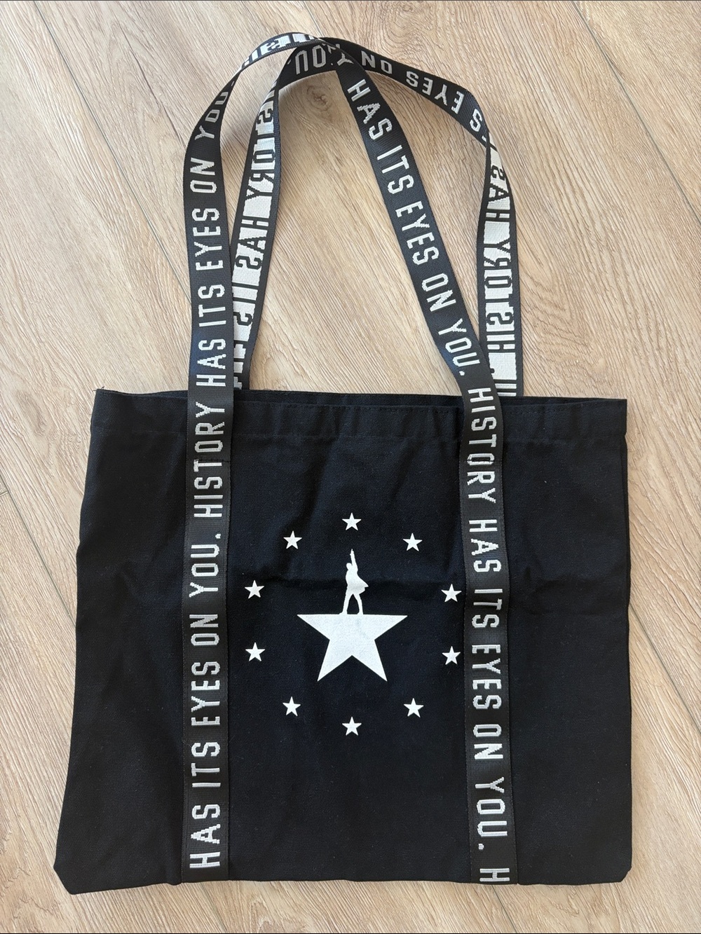 Hamilton Broadway Black Canvas Tote Bag with Star Graphic and Slogan Straps